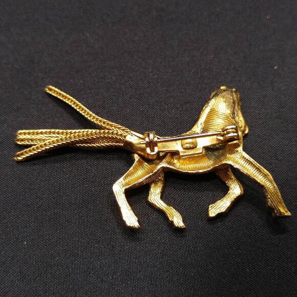 Vintage Horse Brooch, AB Rhinestones, Mesh Tassel Tail, 1960s Jewelry - Picture 7 of 10
